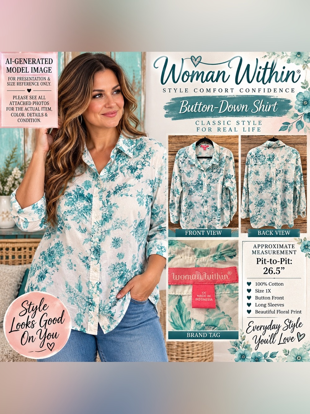 Woman Within Floral Cotton Button-Down Shirt Teal Ivory 1X